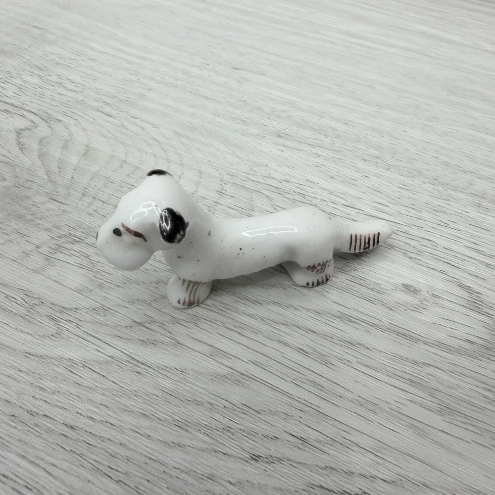 Porcelain Dog Figurine Miniature Dachshund White Japan Marked Vintage 2.5 inch